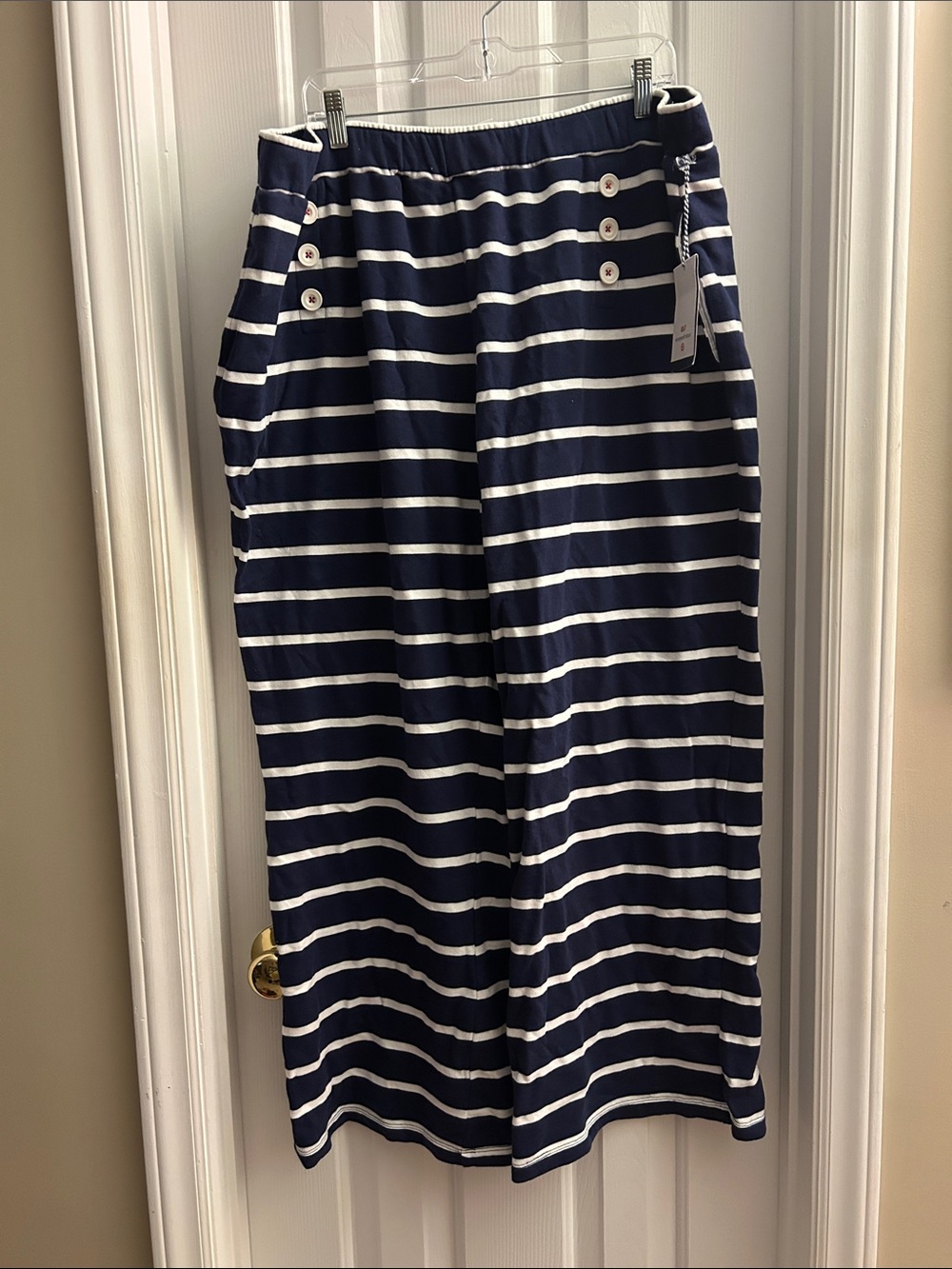 Navy and White Striped Flared Sweatpants